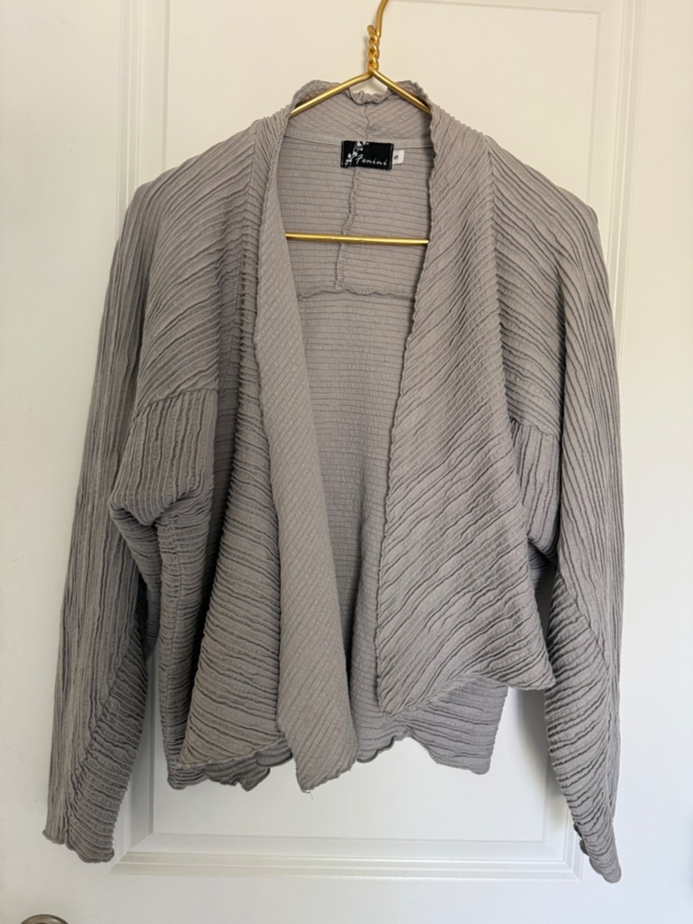 Fenini Light Gray Open-Front Draped Women's lagenlook ripple Cardigan-small